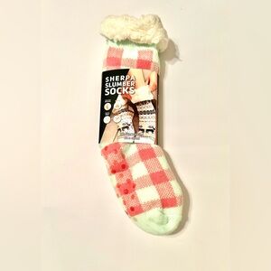 Cozy Sherpa Slumber Socks - Pink and Mint Plaid Nonskid Socks